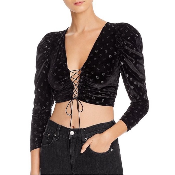 For Love & Lemons Elisa Velvet Glitter Dot Lace Up Cropped Top Black Size XS - Picture 1 of 13